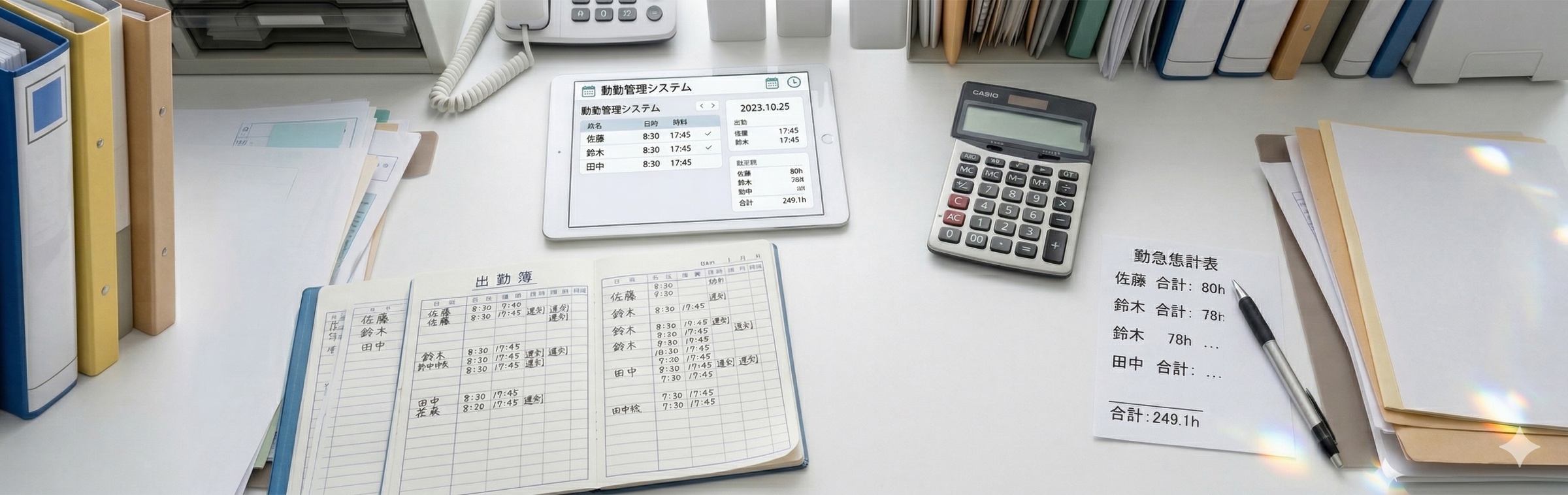 紙の書類やタイムカードが散らばったデスクの様子